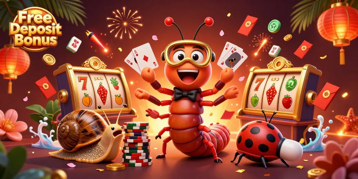 Experience the thrill of the Free No Deposit Bonus with colorful casino characters featuring a millipede dealer and vibrant game elements.