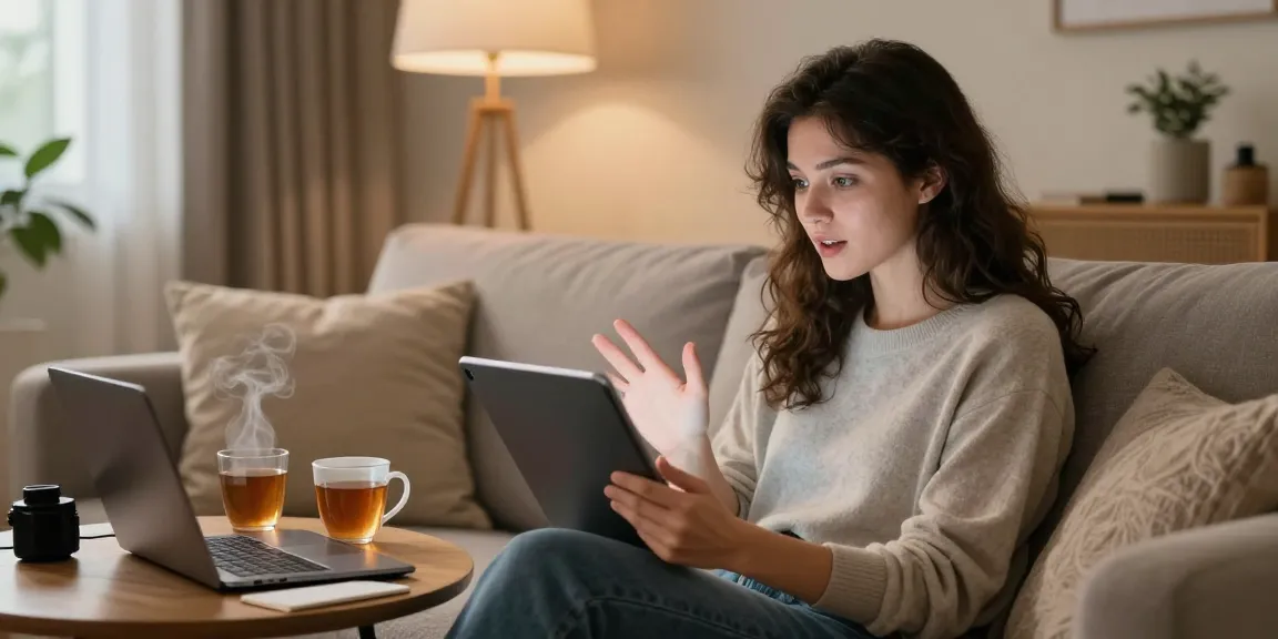 Engaged woman using AI chatbot in cozy home, showcasing ai chat nsfw interaction.
