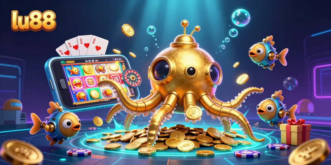 Experience thrilling gaming at lu88 with a golden kraken submarine amidst vibrant casino elements.