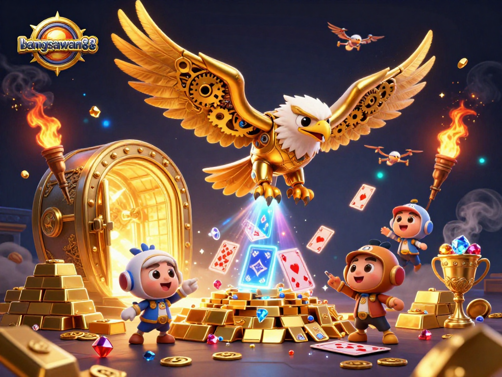 Engage with bangsawan88 as the cybernetic eagle dives through holographic cards amidst treasures.