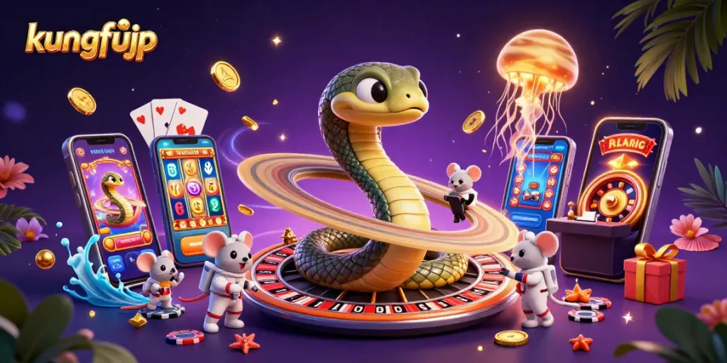 Menang taruhan di planet roulette dalam ilustrasi kungfujp yang penuh energi, dengan elemen permainan kasino yang menarik.
