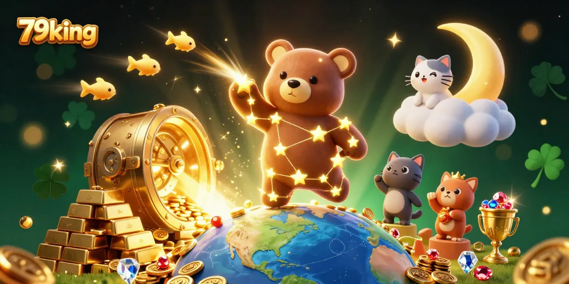 Engage with 79king's vibrant casino world, where a golden constellation bear gathers riches.