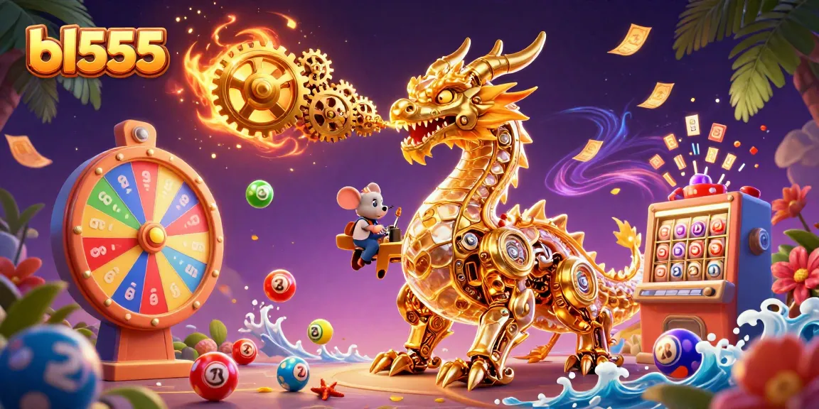 Win big at bl555 with an engaging illustration showcasing golden dragons, vibrant lottery balls, and dynamic casino elements.