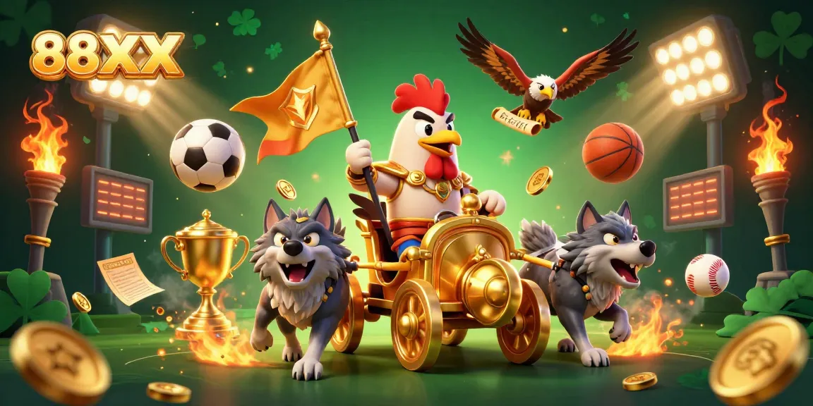 Engage with 88XX as a cartoon rooster warlord leads an exciting gambling scene.