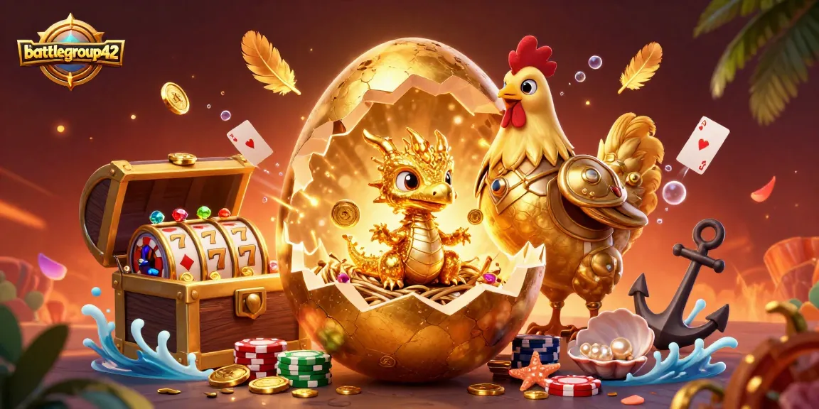 battlegroup42 showcases a golden dragon emerging from a casino-themed treasure, surrounded by slot reels and poker chips.