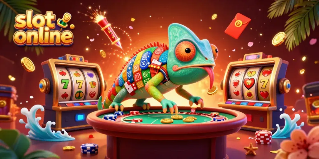 Experience excitement at a slot online casino with a vibrant chameleon owner amidst golden coins and lucky symbols.