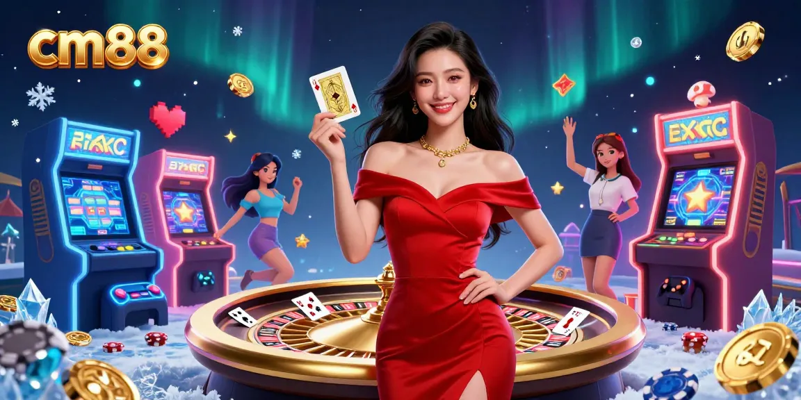 Experience the thrill of cm88 with a stunning illustration of a confident woman alongside a roulette wheel and vibrant casino elements.