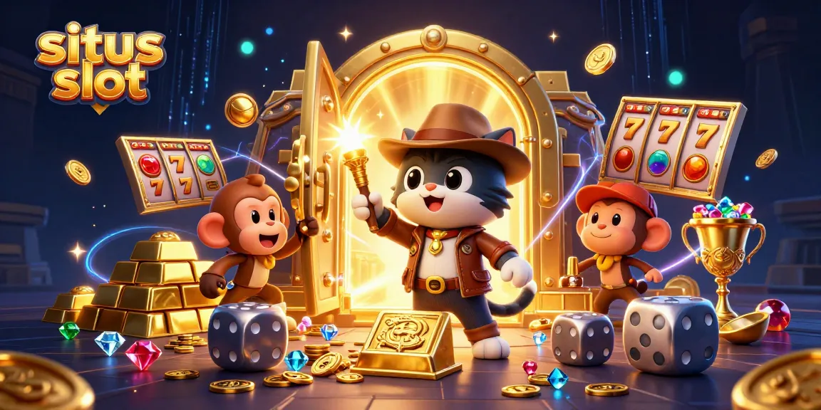 Play exciting situs slot games, featuring colorful slot reels and golden treasures in a vibrant 3D scene.