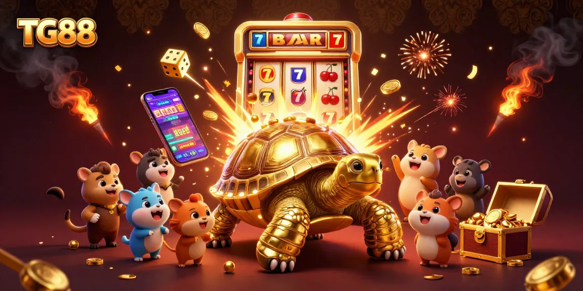 Experience the excitement of TG88 as golden tortoises and slot machines combine in a vibrant casino scene.