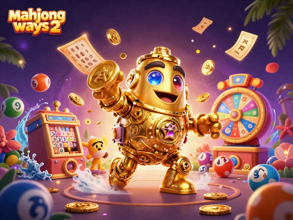 An engaging scene of Mahjong Ways 2 featuring a golden golem made of coins, surrounded by colorful lottery balls and exciting gaming elements, highlighting the exhilarating game atmosphere.