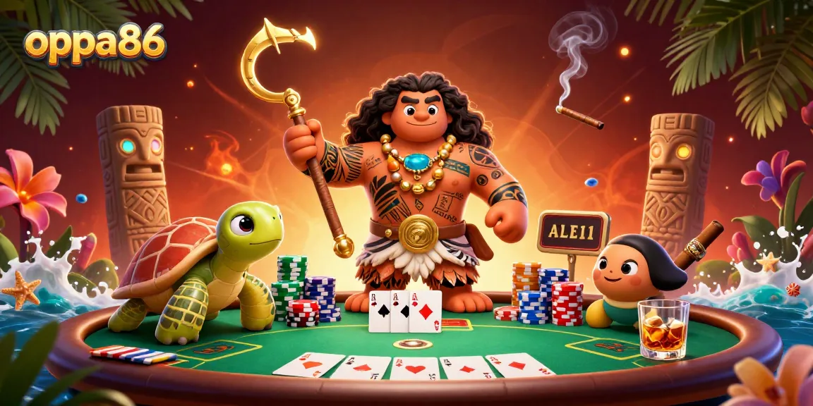 Engage with oppa86 in a vibrant casino-themed scene, showcasing poker elements and dynamic gaming atmosphere.