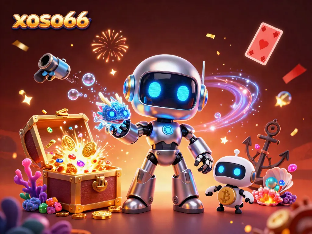 Engage with xoso66's vibrant online gaming universe featuring a robot mascot and exciting treasures.