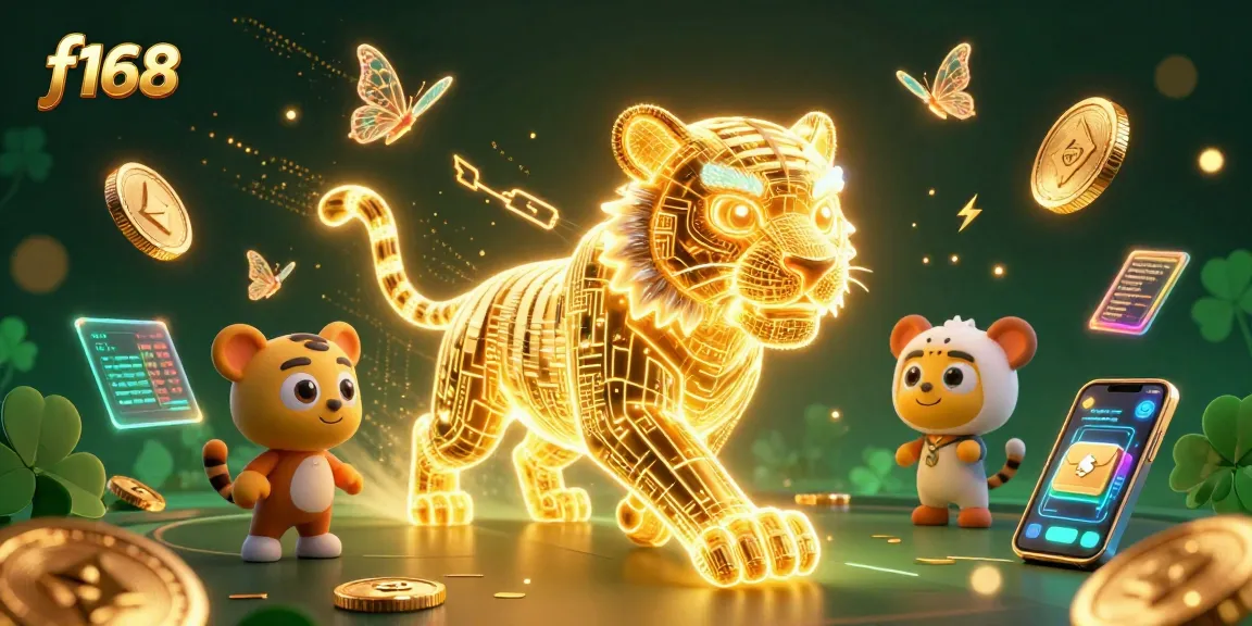 Experience thrilling gaming with f168, featuring a neon tiger and crypto elements in a vibrant digital casino scene.