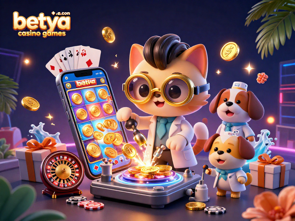 Experience exciting betya.com casino games with a lively scene featuring casino characters and vibrant game elements.