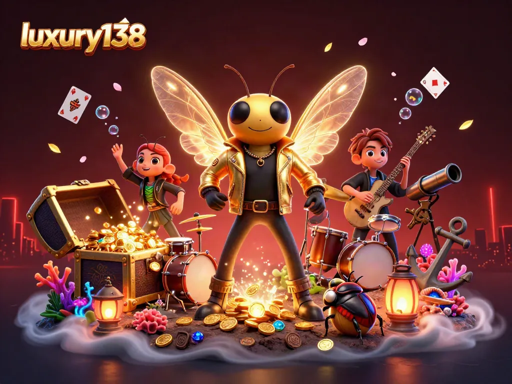 Experience thrilling wins at luxury138 with vibrant casino elements and captivating cartoon characters.