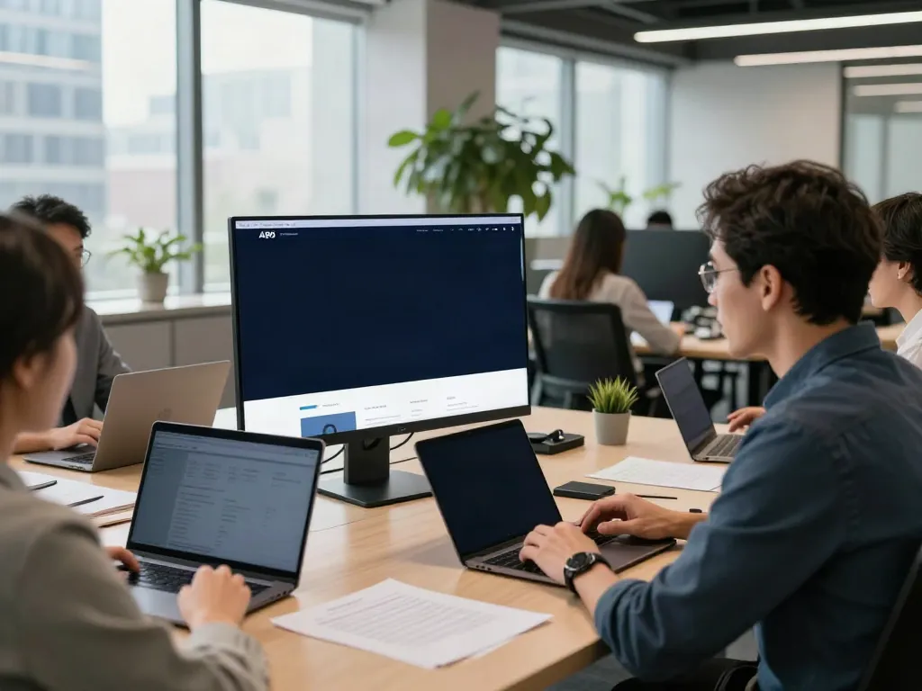 A80 homepage showcased on a large screen in a modern office setting, highlighting collaboration and technology.