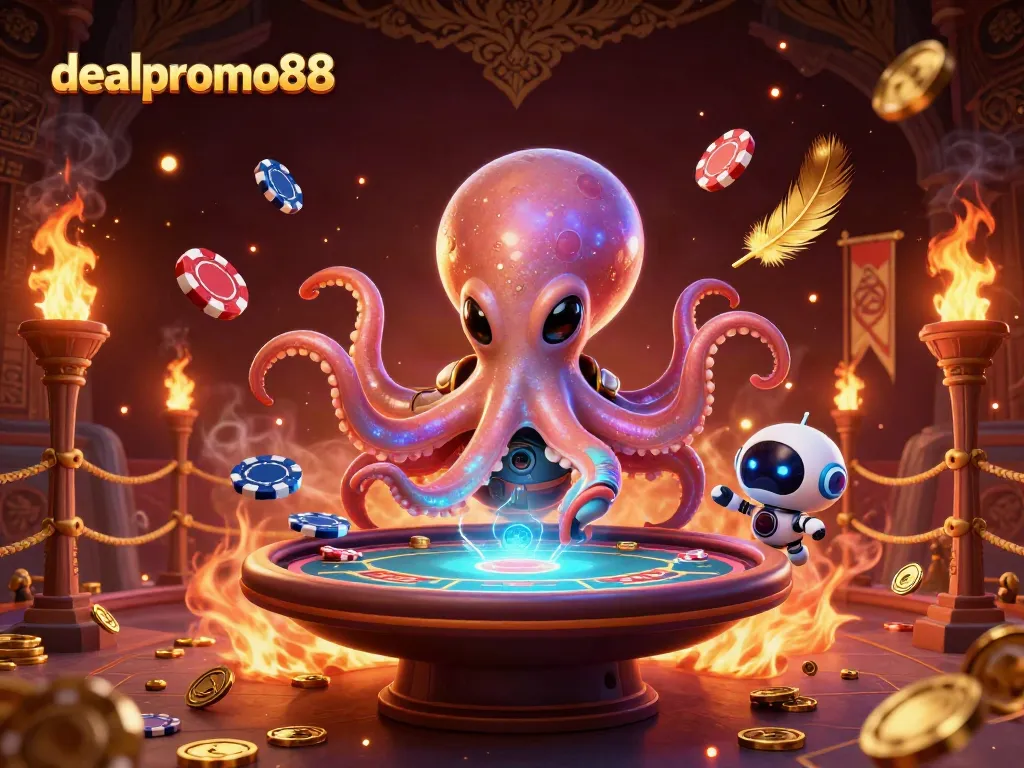 Experience thrilling gameplay with dealpromo88's alien octopus at a holographic poker table surrounded by exciting cosmic elements.