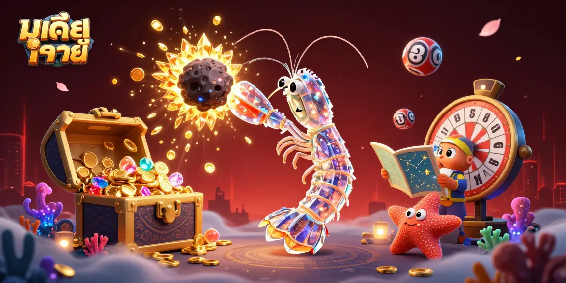 Experience the thrill of มูเตลู หวย with vibrant characters and lottery elements exploding in gems and coins.