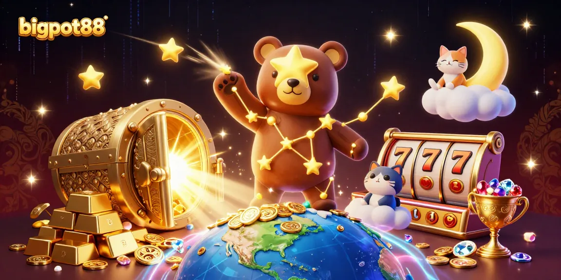 Experience bigpot88 thrills with golden treasures and animated characters in this casino-themed illustration.