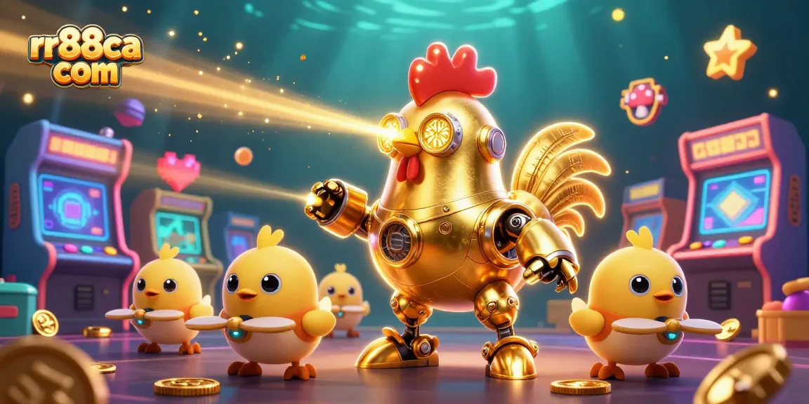 Engage in thrilling gameplay at rr88ca com, featuring a futuristic golden rooster robot alongside fun game elements.