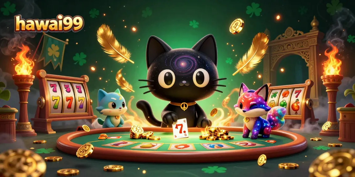 Experience vibrant gaming action at hawai99 with a cosmic cat and fox duo in a lively casino scene.