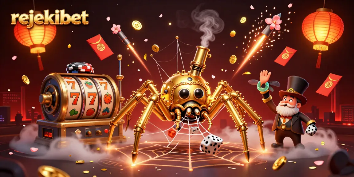 Join rejekibet for thrilling slot action, featuring an entertaining steampunk spider and dazzling game elements.