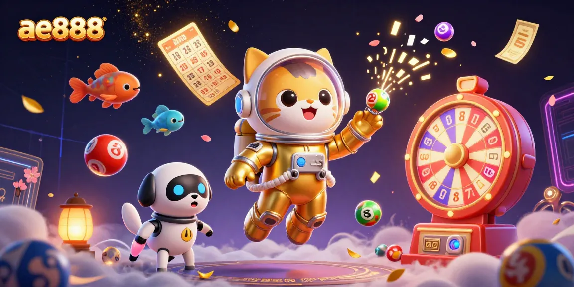 Join the fun and excitement at ae888, where a golden space cat and robotic dog float amidst vibrant casino elements!