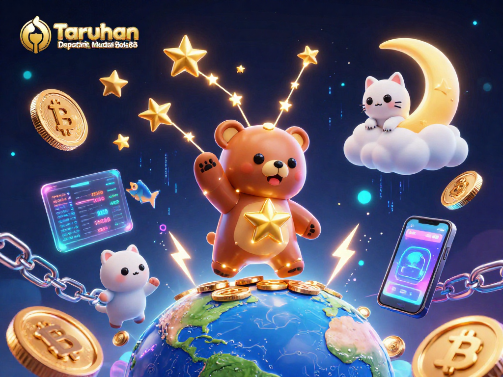 Engage in Taruhan Deposit Mudah Bola88 with a vibrant 3D illustration showcasing a constellation bear and crypto elements.
