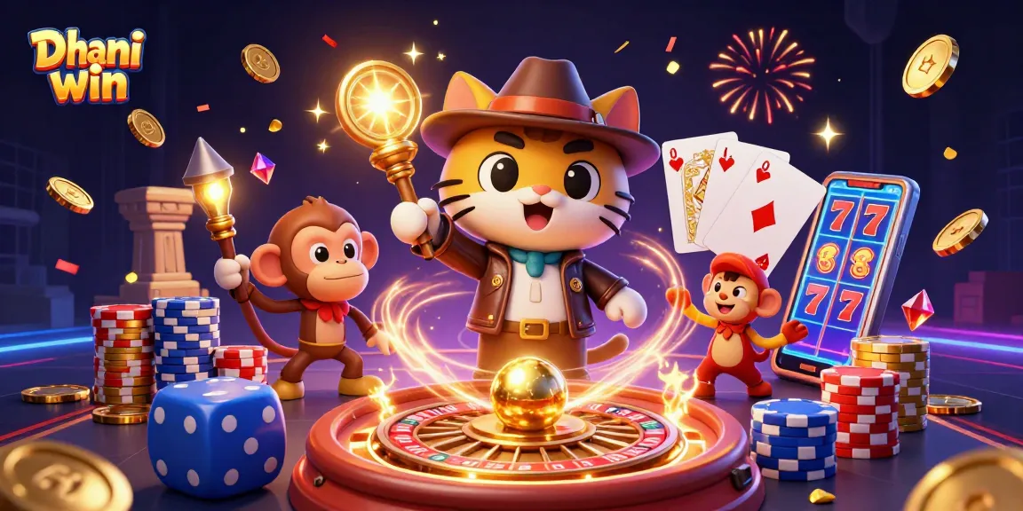 Dhani win's exciting gameplay depicted by an archaeologist cat and monkey uncovering golden casino treasures.