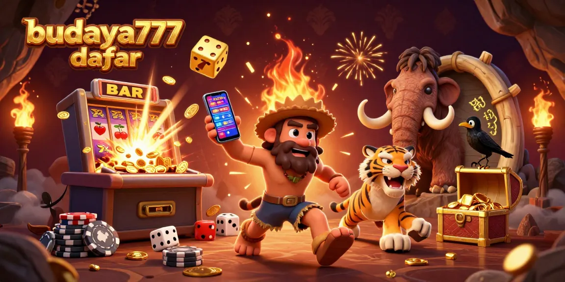 Budaya777 daftar, gambaran kasino prasejarah dengan karakter kartun dan slot mesin yang memikat.