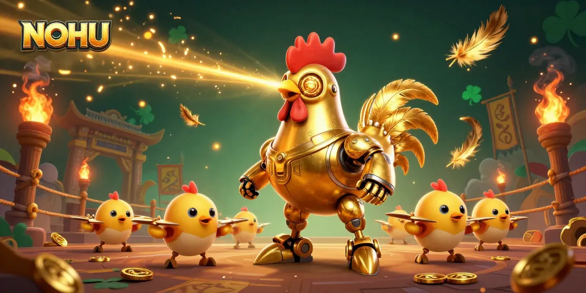 NOHU showcases a dynamic 3D scene with a golden rooster robot and drones amidst thrilling casino elements.