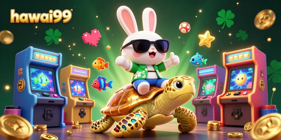 Play exciting games with hawai99 featuring a lucky rabbit and a golden sea turtle in a vibrant casino scene.