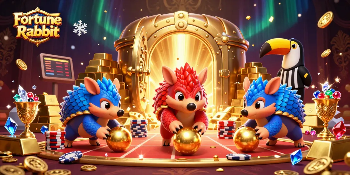 Engaging scene of Fortune Rabbit with rival pangolins bowling poker chips, glittering jewels, and dynamic casino elements.