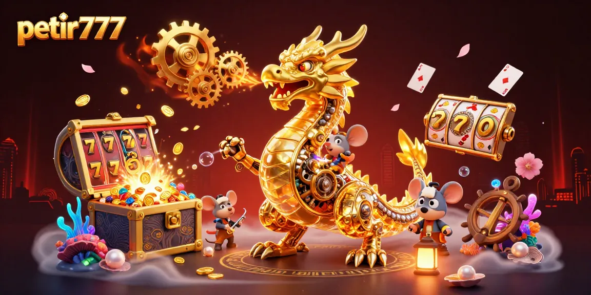 Experience thrilling gameplay with petir777, featuring vibrant slot reels and a stunning dragon illustration.