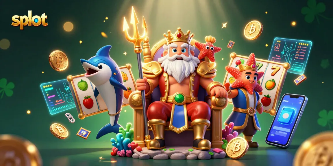 Mengguncang slot dengan jackpot dan simbol keberuntungan, 3D ilustrasi Raja Laut