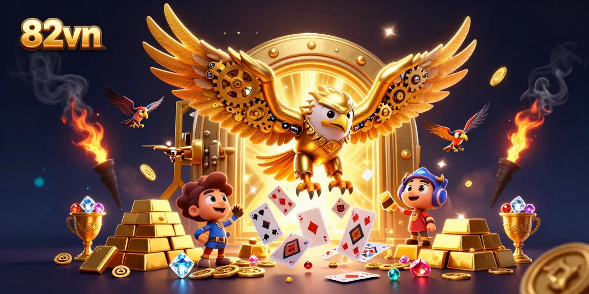 Experience thrilling gameplay with 82vn as a golden eagle dives through a sea of cards and treasures.