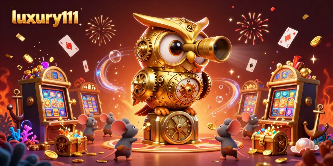 Experience luxury111's casino fun with an animated owl and mouse gaming amidst treasures and cards.