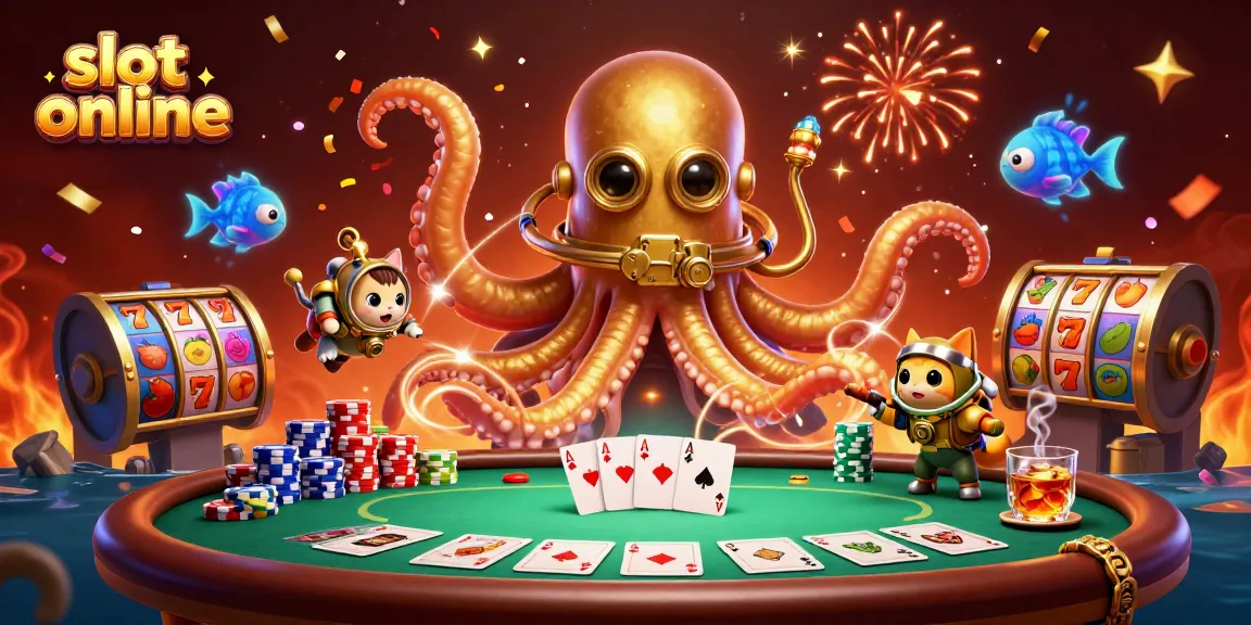 Mainkan slot online dengan kraken dan kucing penyelam di kasino yang penuh warna.