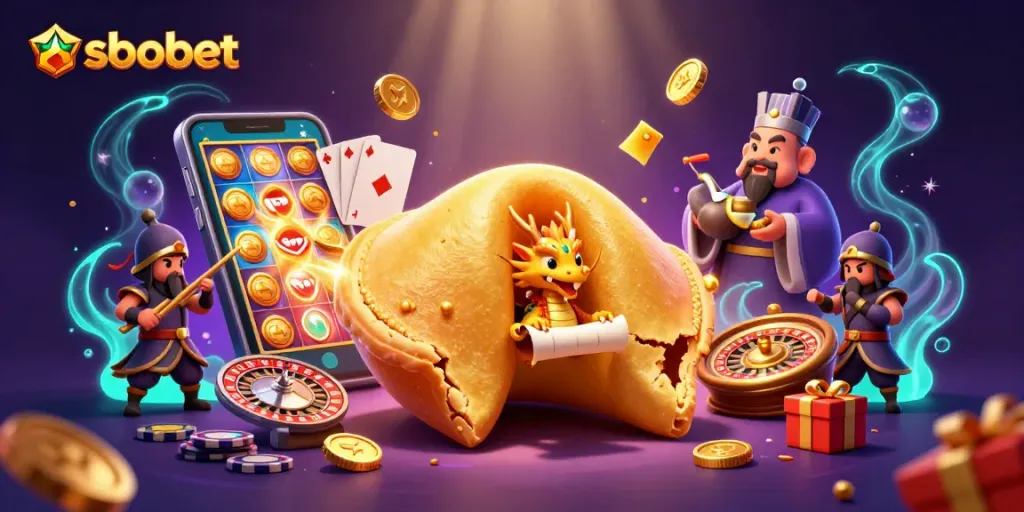 Sobet sports betting action illustrated with a fortune cookie, wise dragon, and casino elements.