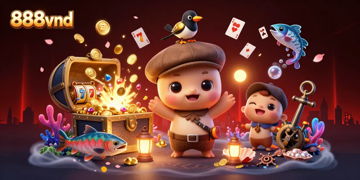 Experience the vibrant world of 888vnd with colorful slot reels and playful aquatic characters.