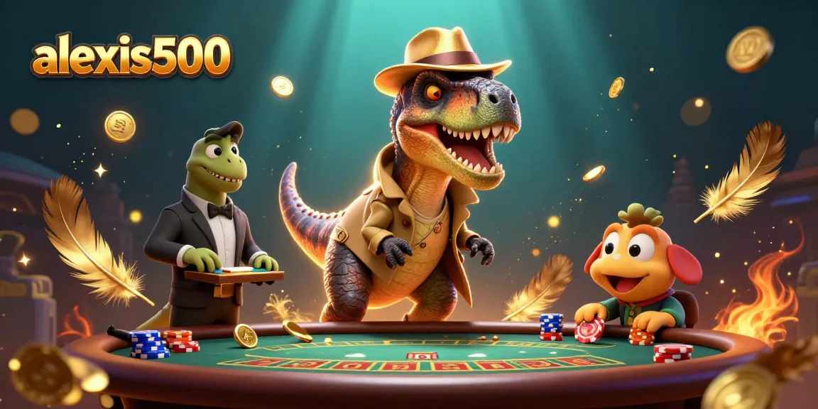 Experience the thrill of gambling at alexis500 with a velociraptor card counter and casino ambiance.