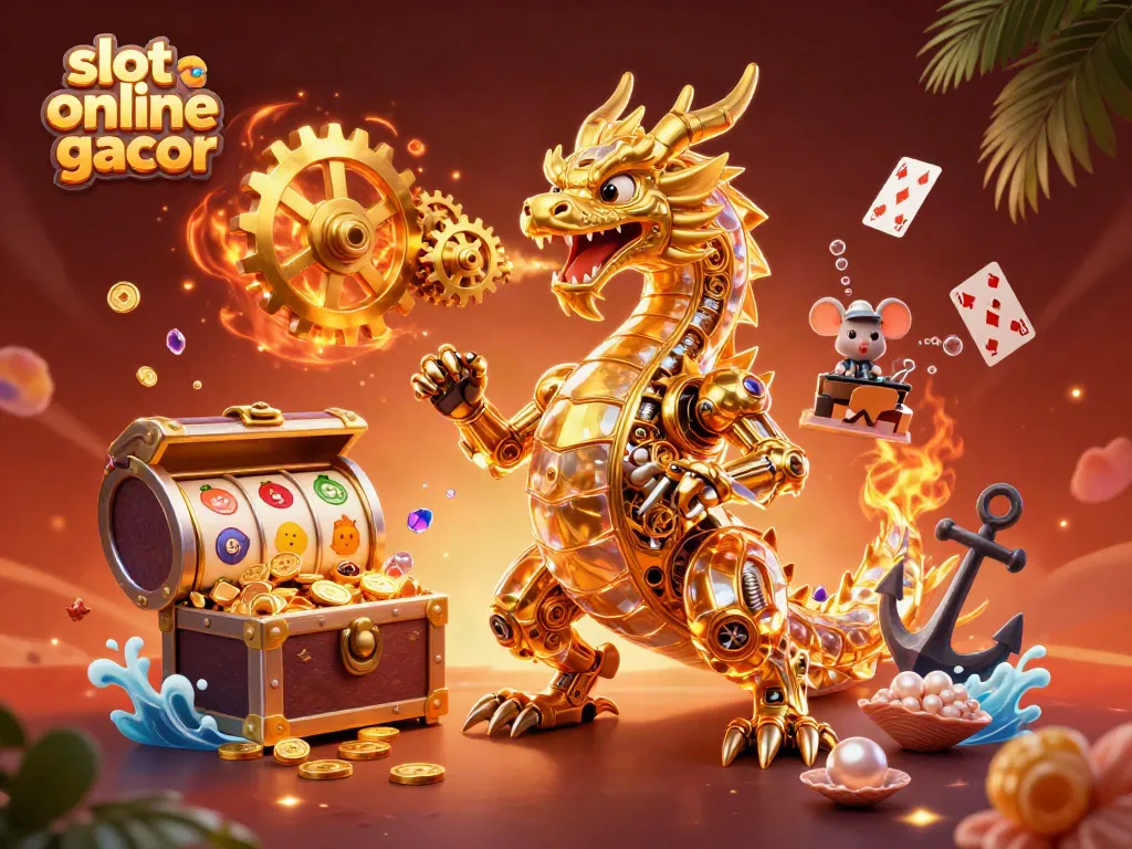 Play slots online gacor with a golden dragon amidst floating cards and treasures.
