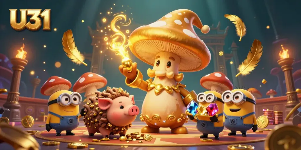 Engage in the magical world of U31 with golden treasures and vibrant characters in this captivating casino scene.