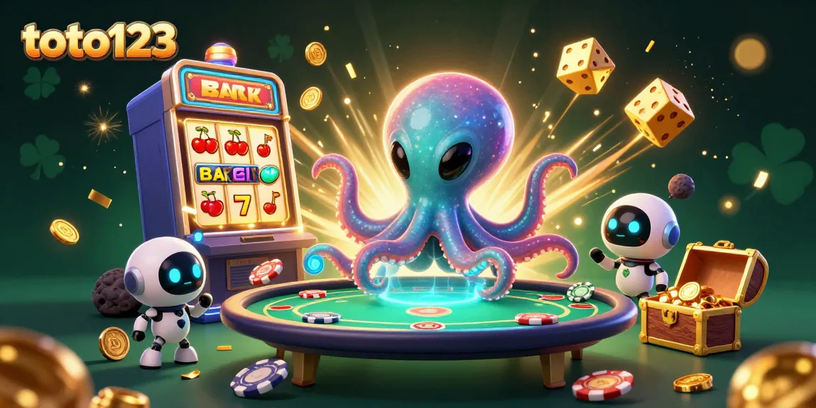 Toto123 showcases an exciting alien-themed 3D gambling scene with octopus and jackpot features.