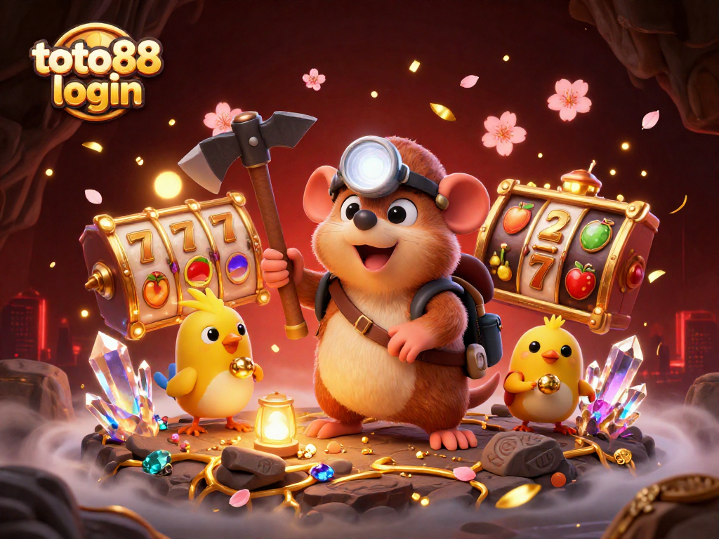Experience the excitement of gaming with toto88 login in this vibrant 3D casino scene filled with animated characters and slot elements.