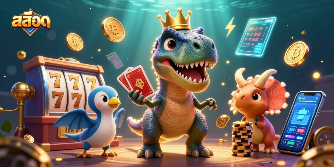 Spin สล็อต reels with a cheerful T-Rex, Pterodactyl, and Triceratops in an exciting casino scene.