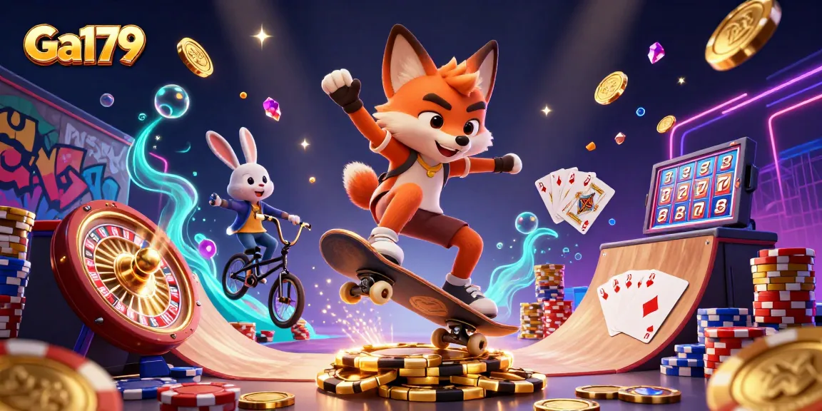 Ga179 showcases a thrilling cartoon scene with a skateboarder fox and BMX rabbit in action among casino elements