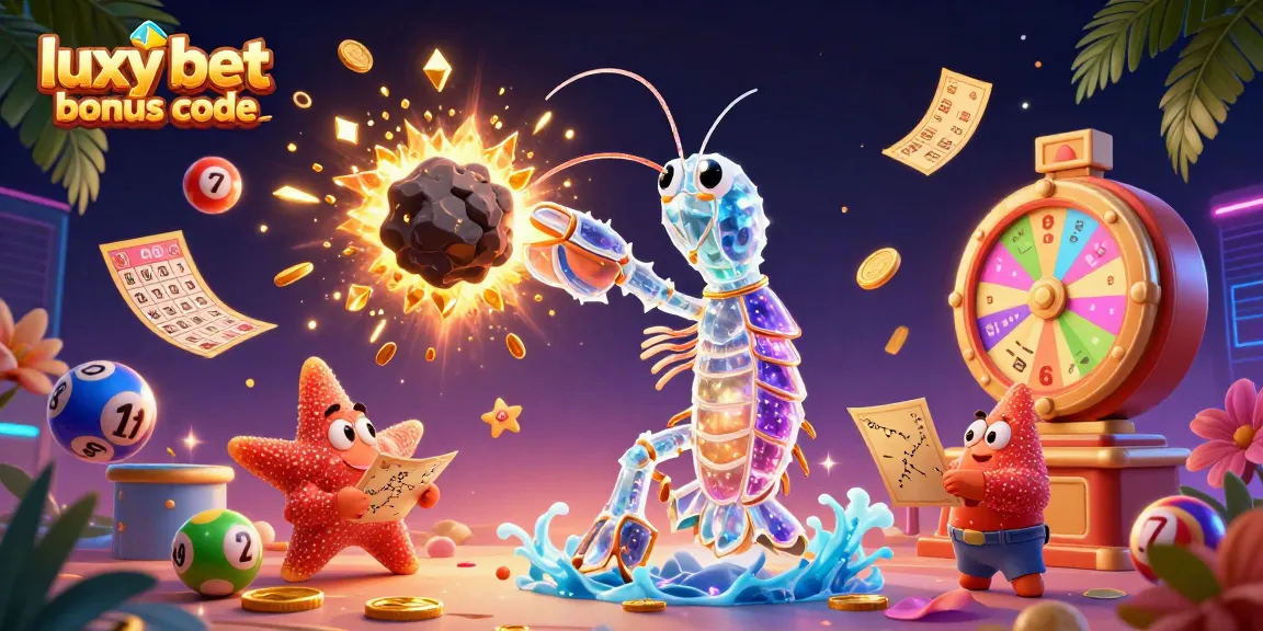 A dynamic illustration of the luxy bet bonus code featuring vibrant casino elements and characters for online gaming.