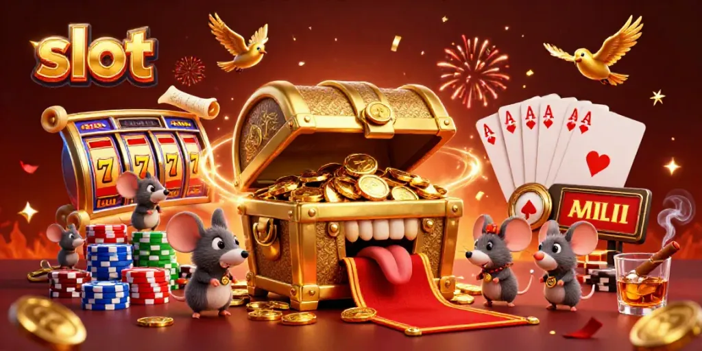 Engaging scene of slot characters inviting players to explore vibrant slot machines and treasures.