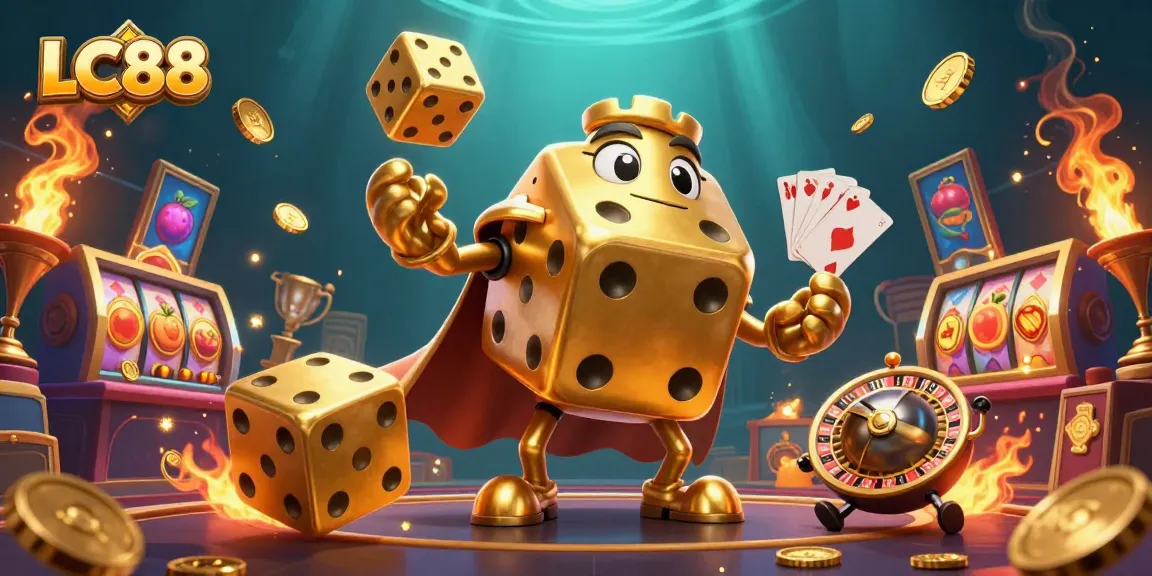 Engage with the exciting world of LC88 as golden dice dance and jackpot riches fly in this vibrant casino scene.